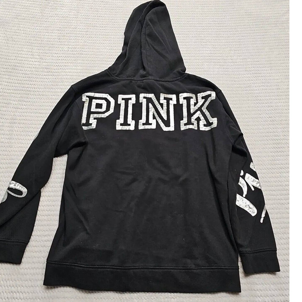 Victorias Secret Pink Sweatshirt Womens Medium Black Hooded Sequin Pockets - Picture 6 of 7